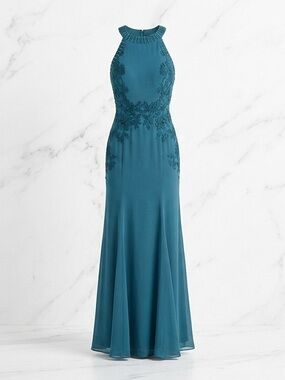 MiwiNovia Teal Lace Beaded Halter Mermaid Formal Gown Dress Size 8 NWT